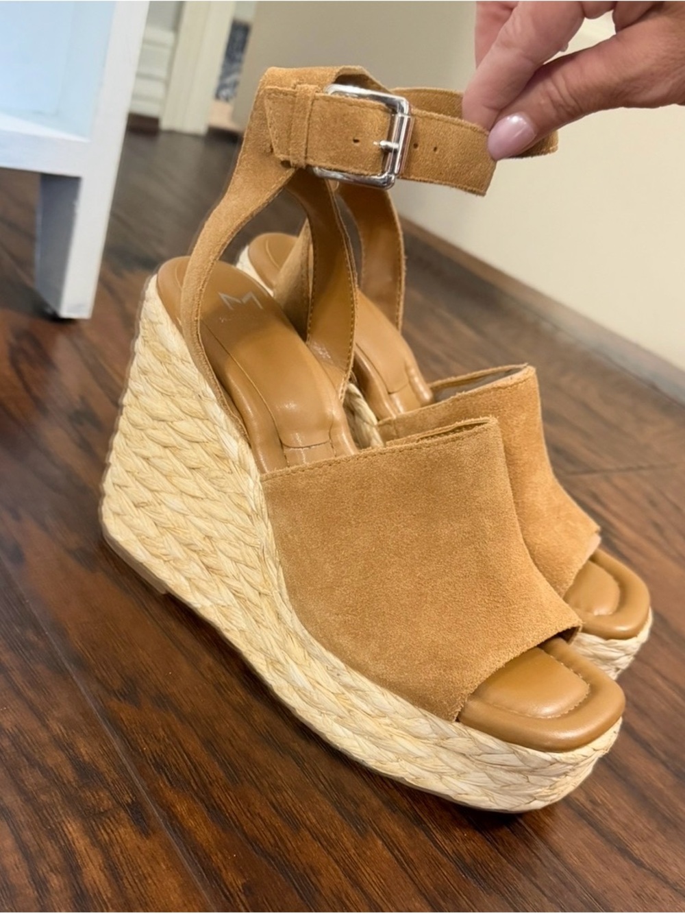 Marc Fisher Tan Suede Espadrille Wedge Sandals with Ankle Strap Size 7.5
